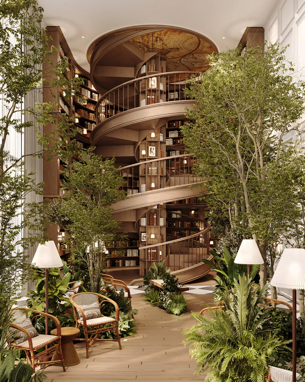 Two storeys of library shelves wrapped by a spiral stair